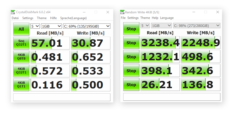 老款惠普笔记本电脑的HDD(左)和新款 MacBook Pro 的SSD(右)之间的速度差异